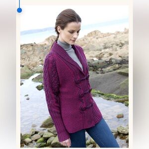 Aran Inis Crafts Irish Shawl Neck Two-Tone
Merino Cable Knit Cardigan Fisherman